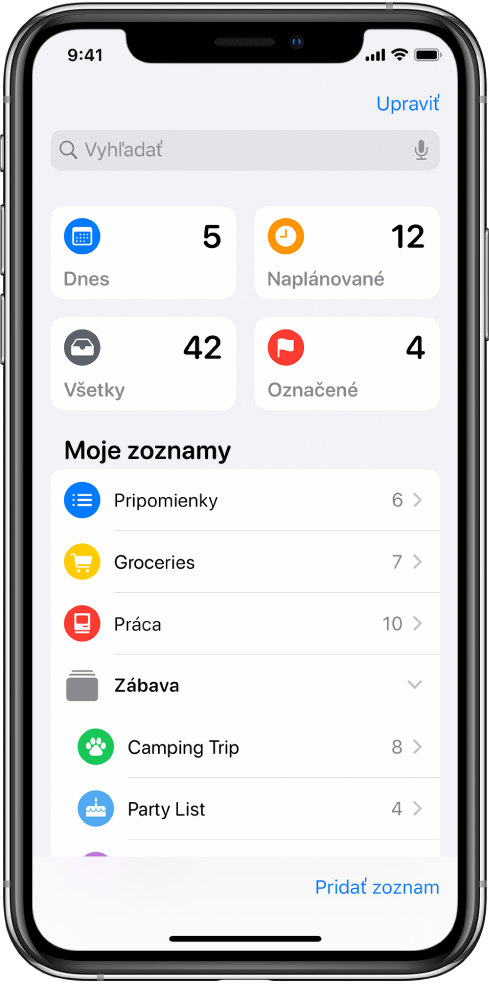 Obrazovka apky Pripomienky s niekoľkými zoznamami. V hornej časti sa nachádzajú dynamické zoznamy pre pripomienky s dnešným termínom, naplánované pripomienky a pripomienky so značkami. V pravom dolnom rohu sa nachádza tlačidlo Pridať zoznam.