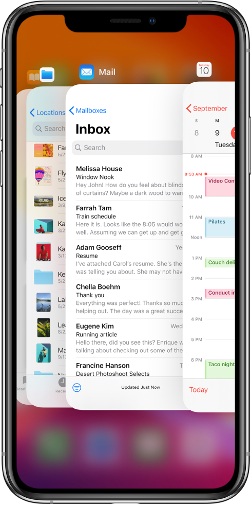 App Switcher. Ikonat për aplikacionet e hapura shfaqen në krye, dhe ekrani aktual për secilin aplikacion shfaqet poshtë ikonës së tij.