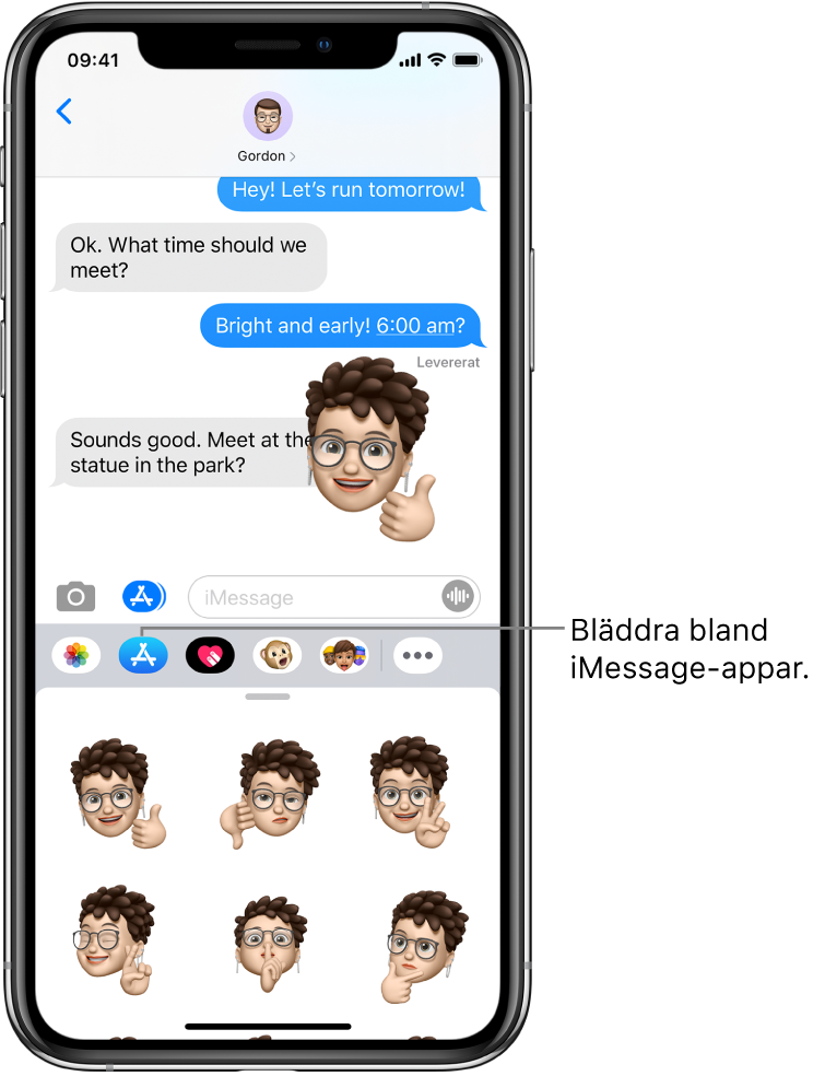 En konversation i Meddelanden med knappen för bläddring bland iMessage-appar markerad. Den öppna applådan visar smileymärken.