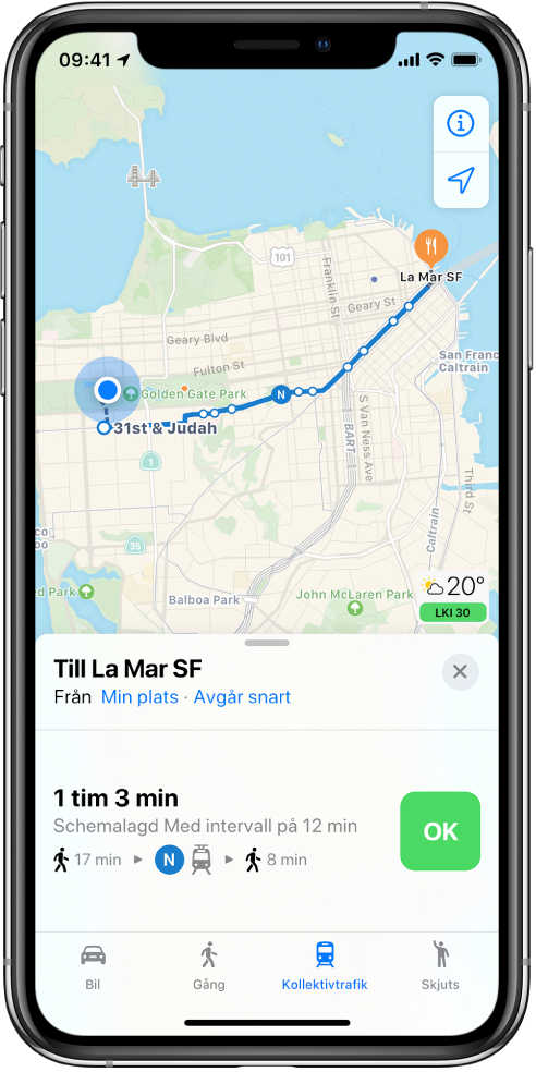 En karta som visar en kollektivtrafikrutt genom San Francisco. Ruttkortet längst ned på skärmen inkluderar en OK-knapp.