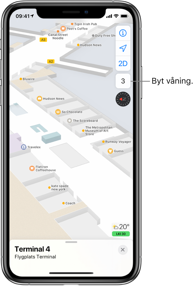 En inomhuskarta över en flygplatsterminal. Kartar visar företag och boardinggater.