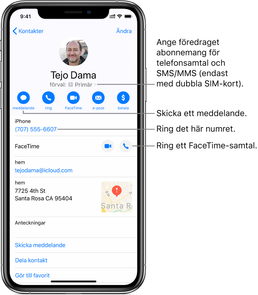 Infoskärmen för en kontakt. Högst upp visas kontaktens bild och namn. Under finns knapparna för att skicka ett meddelande, ringa ett telefonsamtal, ringa ett FaceTime-samtal, skicka ett mejl och skicka pengar med Apple Pay. Nedanför knapparna finns kontaktinformationen.