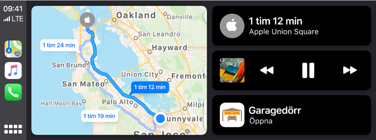 CarPlays Dashboard som visar symboler för Kartor, Musik och Telefon till vänster, kartan med en körrutt i mitten och tre objekt travade till höger. Objektet till höger visar att den beräknade restiden till Apple Union Square är 1 timme och 12 minuter. Objektet i mitten och till höger visar uppspelningsreglage för medier. Objektet längst ned indikerar att garagedörren är öppen.
