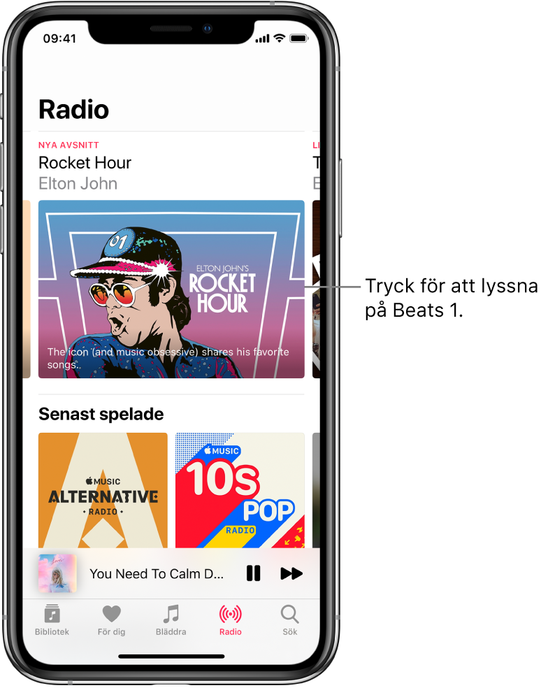 Radioskärmen med Beats 1 Radio högst upp. De senast spelade inslagen visas nedan.