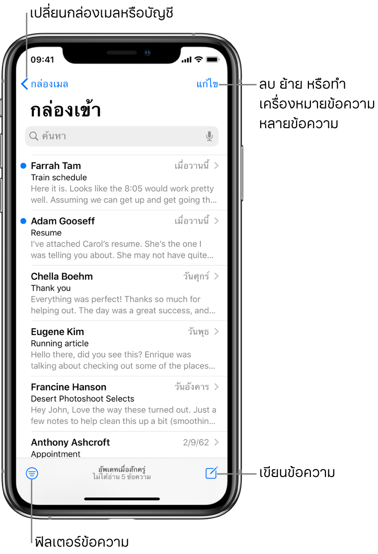 กล่องเข้า ที่แสดงรายการอีเมล ปุ่มกล่องเมลสำหรับการสลับไปยังกล่องเมลอื่นอยู่ที่มุมซ้ายบนสุด ปุ่มแก้ไขสำหรับการลบ ย้าย หรือทำเครื่องหมายอีเมลอยู่ที่มุมขวาบนสุด ปุ่มสำหรับใส่ฟิลเตอร์อีเมลเพื่อให้แสดงเฉพาะอีเมลบางประเภทอยู่ที่มุมซ้ายล่างสุด ปุ่มสำหรับเขียนอีเมลใหม่อยู่ที่มุมขวาล่างสุด