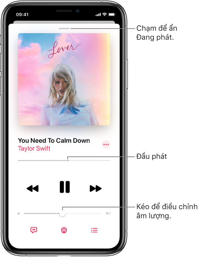 Màn hình Đang phát đang hiển thị bìa album. Bên dưới là tiêu đề bài hát, tên nghệ sĩ, nút Thêm, đầu phát, các điều khiển phát, thanh trượt Âm lượng, nút Lời bài hát, nút Đích phát lại và nút Tiếp theo. Nút Ẩn Đang phát ở trên cùng.