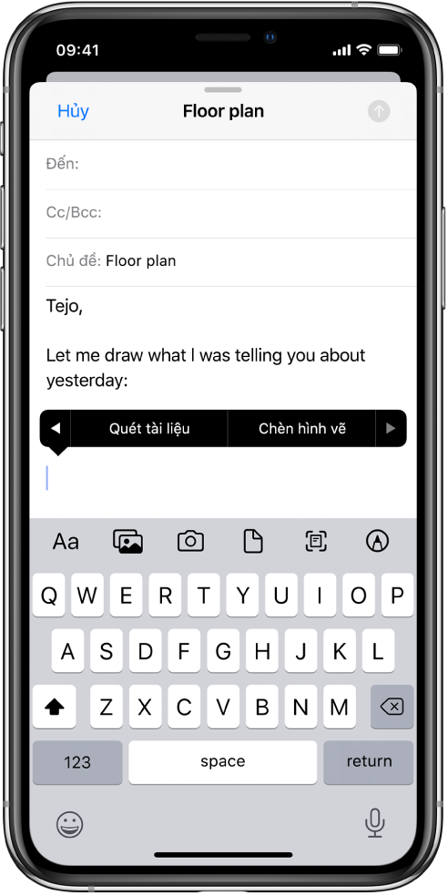 Một email nháp đang được soạn với một công cụ chèn bản vẽ hiển thị ở giữa màn hình.