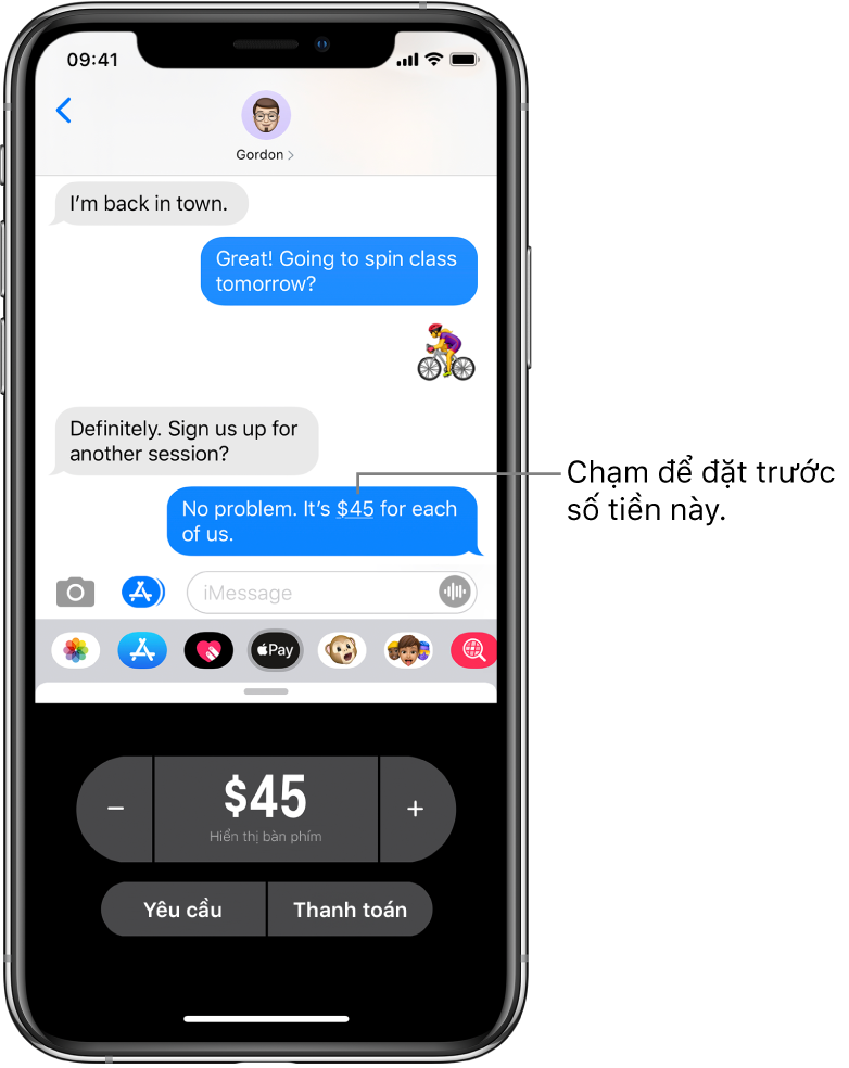Cuộc hội thoại iMessage với ứng dụng Apple Pay được mở ở dưới cùng.
