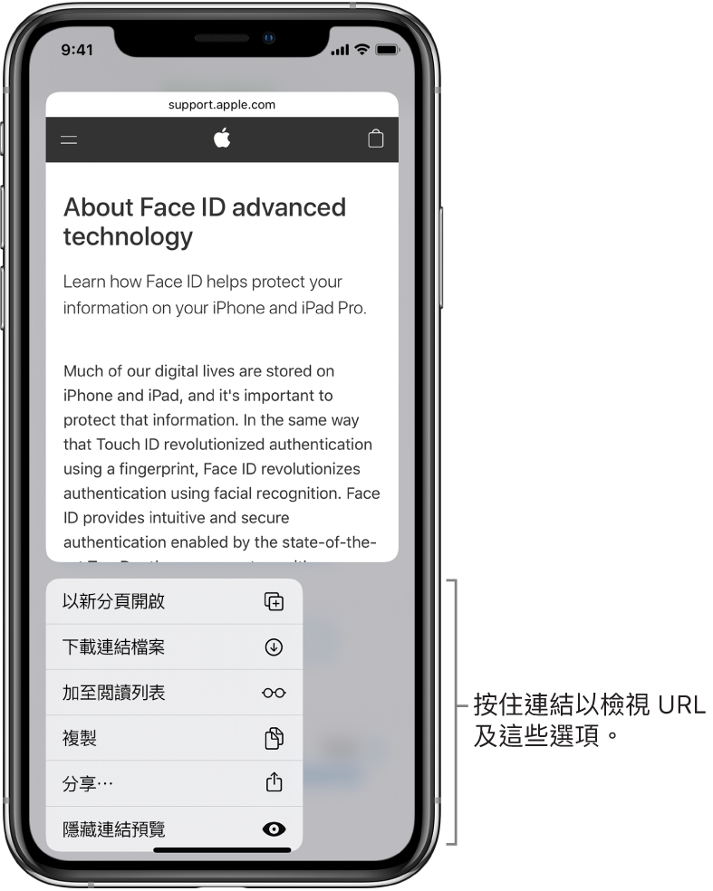 覆疊顯示目標 URL 預覽,然後是可以執行的動作列表:開啟、加至閱讀列表,加至「相片」、複製和分享。