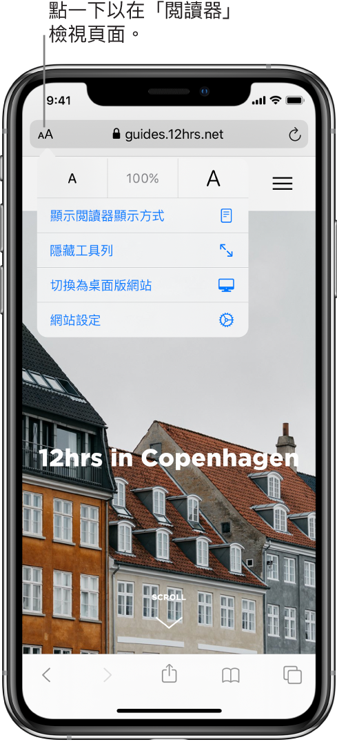 Safari 中的網址欄位,左側帶有「閱讀器」按鈕。