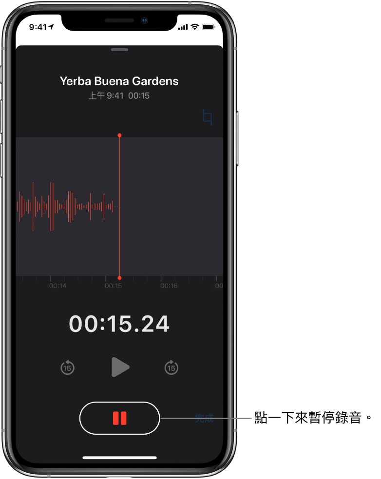 「語音備忘錄」畫面上顯示進行中的錄音,並顯示使用中的「暫停」按鈕,及變暗的播放、快轉 15 秒和倒轉 15 秒控制項目。畫面的主要部分顯示進行中錄音內容的波形,以及一個時間指示器。