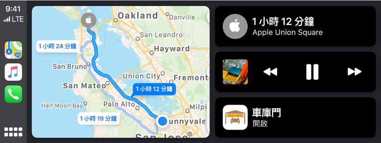「CarPlay 儀表板」左側顯示「地圖」、「音樂」和「電話」圖像,中間顯示駕駛路線地圖,右側則為三個堆疊的項目。右側最上方項目顯示抵達 Apple Union Square 的預估路程時間為 1 小時 12 分。右側中間項目顯示媒體播放控制項目。最下方項目顯示車庫門已關閉。