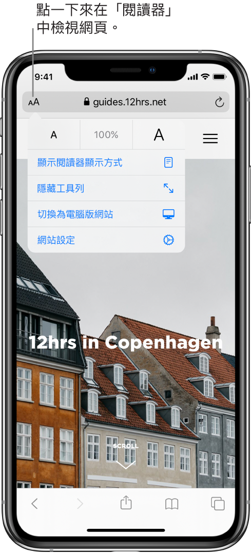 Safari 中的網址欄位,左側帶有「閱讀器」按鈕。