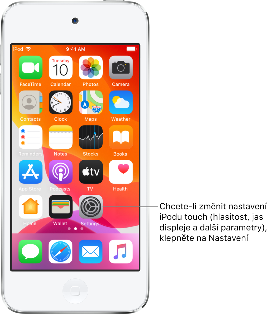 Plocha s několika ikonami, mimo jiné s ikonou Nastavení; po klepnutí na tuto ikonu můžete změnit hlasitost zvuku iPodu touch, jas displeje a další parametry