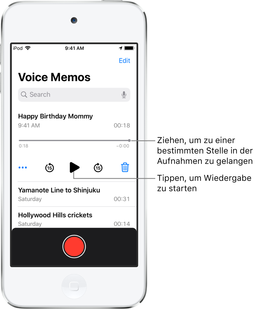 Der Bildschirm der App „Sprachmemos“ mit der Liste der Aufnahmen und der ausgewählten Aufnahme oben. Auf der Zeitleiste der Aufnahme sind die Abspielposition und links und rechts die Zeitangaben für Beginn und Ende der Aufnahme zu sehen. Unter der Zeitleiste sind die Taste „Mehr“ zum Bearbeiten, Duplizieren oder Teilen einer Aufnahme, die Tasten zum Zurückspringen und zum Vorspringen um jeweils 15 Sekunden und die Taste „Löschen“ zu sehen. Ganz unten ist die Liste der weiteren Aufnahmen zu sehen, die durch Tippen geöffnet werden können.