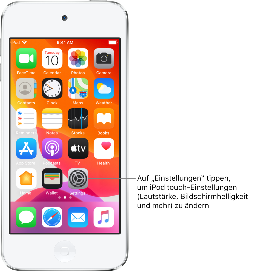 Der Home-Bildschirm mit mehreren Symbolen, unter anderem mit dem Symbol der App „Einstellungen“, in der du Einstellungen wie die Lautstärke und die Bildschirmhelligkeit für den iPod touch ändern kannst.