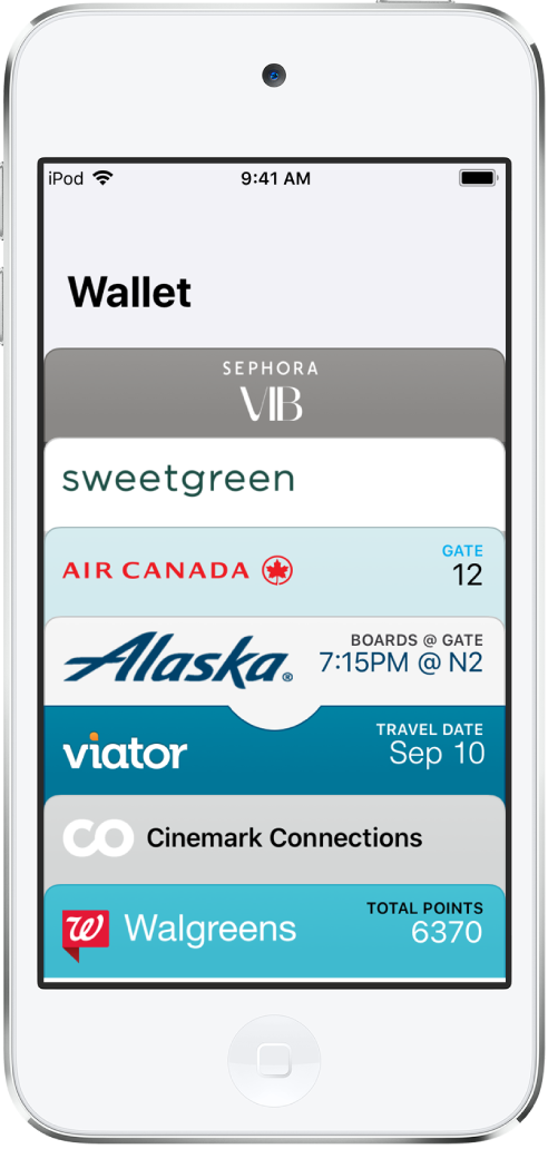 The Wallet screen, showing the tops of several passes. Tap a pass to view the details.