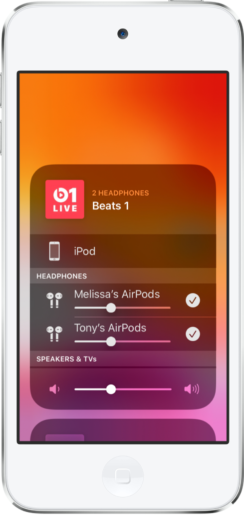 The iPod touch screen showing two pairs of connected AirPods.