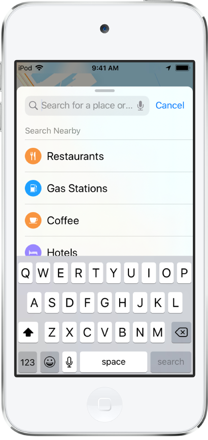 A list showing four services appears below the search field. The services are Restaurants, Gas Stations, Coffee, and Hotels.