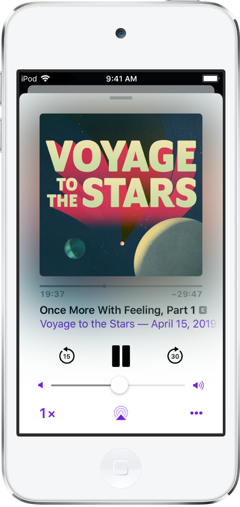 The podcast player screen showing the podcast cover at the top. Below the cover are the playhead, podcast name, episode title, and the play, pause, and skip back and skip forward controls. Below the player controls is the volume control slider. At the bottom of the screen, from left to right, are the Playback Speed button, Sleep Timer button, Playback Destination button, and Share button.