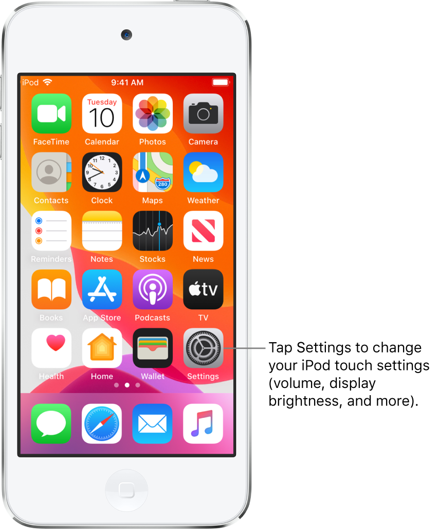 The Home screen with several icons, including the Settings icon, which you can tap to change your iPod touch sound volume, screen brightness, and more.