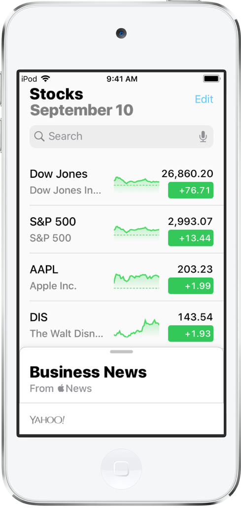 A watchlist showing a list of different stocks. Each stock in the list displays, from left to right, the stock symbol and name, a performance chart, the stock price, and price change. At the top of the screen, above the watchlist, is the search field. Below the watchlist is Business News. Swipe up on Business News to display stories.