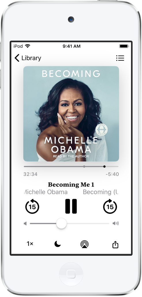 The audiobook player screen showing the audiobook cover at the top. Below the cover are the playhead, track number, author and audiobook name, and the play, pause, and skip back and skip forward controls. Below the player controls is the volume control slider. At the bottom of the screen, from left to right, are the Playback Speed button, Sleep Timer button, Playback Destination button, and Share button. The Track List button is at the top right and the Close button is at the top left.