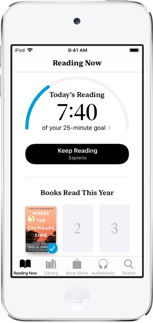 The Reading Goals section in Reading Now. The reading counter shows that 6 minutes of a 10-minute goal have been completed. Below the counter is a Keep Reading button, and circles that show the days of the week, Sunday through Saturday. The circle for Tuesday contains a blue outline that shows the progress for that day.