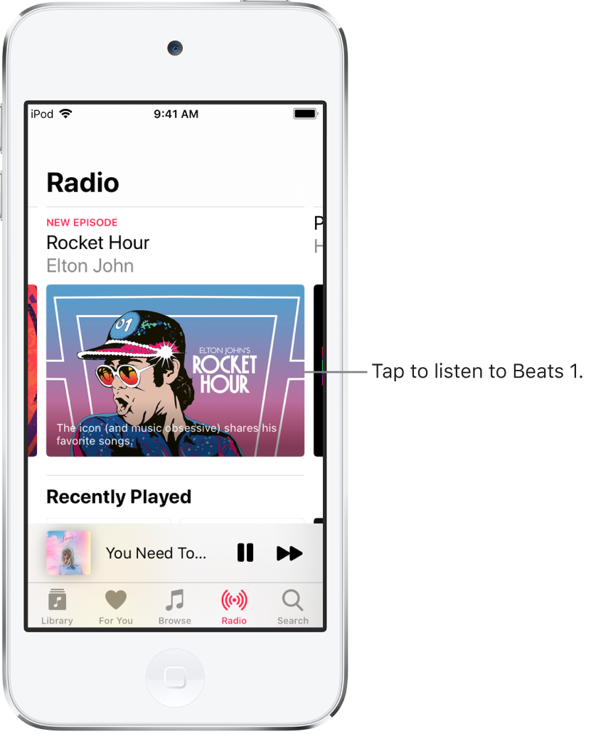 The Radio screen showing Beats 1 Radio at the top. Beats 1 and Radio Stations entries appear below.
