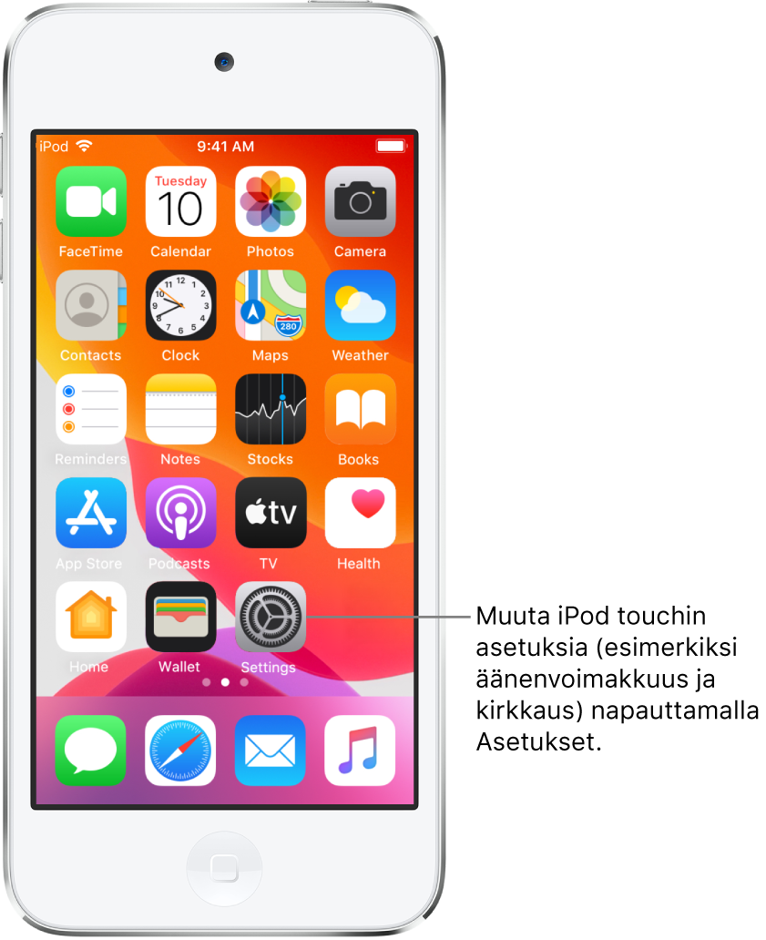 iPod touchin Koti-valikko, jossa näkyy useita kuvakkeita, muun muassa Asetukset-kuvake, jota napauttamalla voit muuttaa esimerkiksi iPod touchin äänenvoimakkuutta ja näytön kirkkautta.