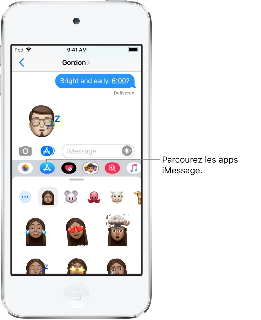 Une conversation Messages, avec le bouton Navigateur d’apps iMessage sélectionné. Le tiroir d’apps ouvert affiche des autocollants d’émoticônes.