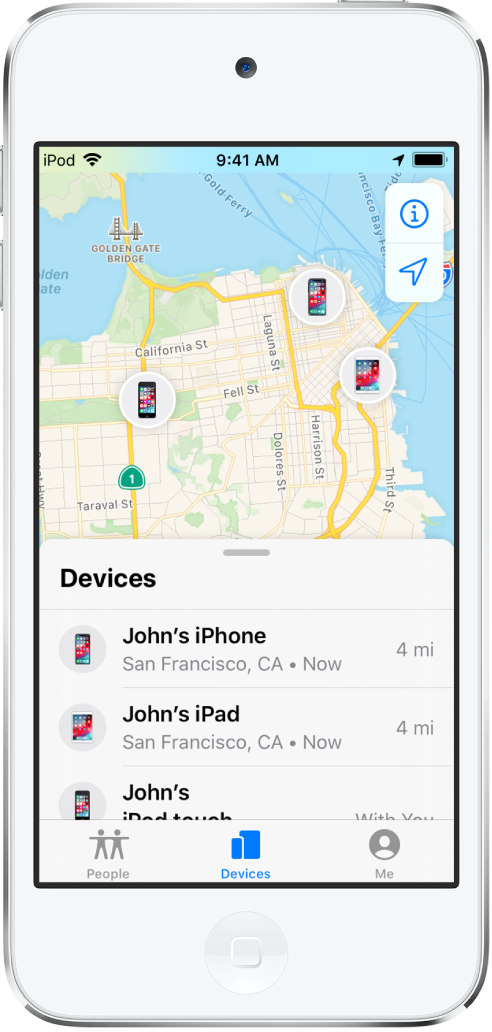Il y a trois appareils dans la liste Appareils : iPhone de John, iPad de John et iPod de John. Leur position est affichée sur un plan de San Francisco.