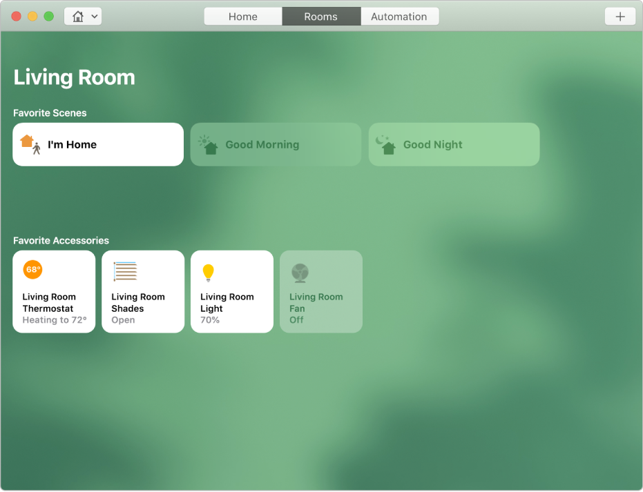 The living room Room displaying the “I’m Home.” scene that includes the living room thermostat, living room blinds and living room light accessories.