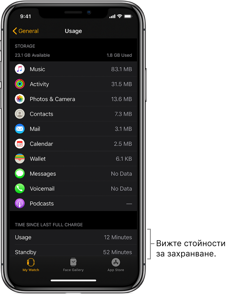 На екрана за използване на Apple Watch вижте енергийни стойности за Usage (Използване), Standby (Режим на готовност) и Power Reserve (Съхранение на енергия) в долната част на екрана.