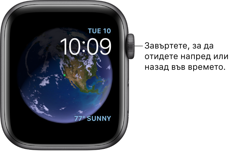 Циферблат Астрономия, показващ деня, датата и текущия час. Добавката Weather (Прогноза за времето) е долу вдясно. Завъртете коронката Digital Crown, за да преместите времето напред или назад.
