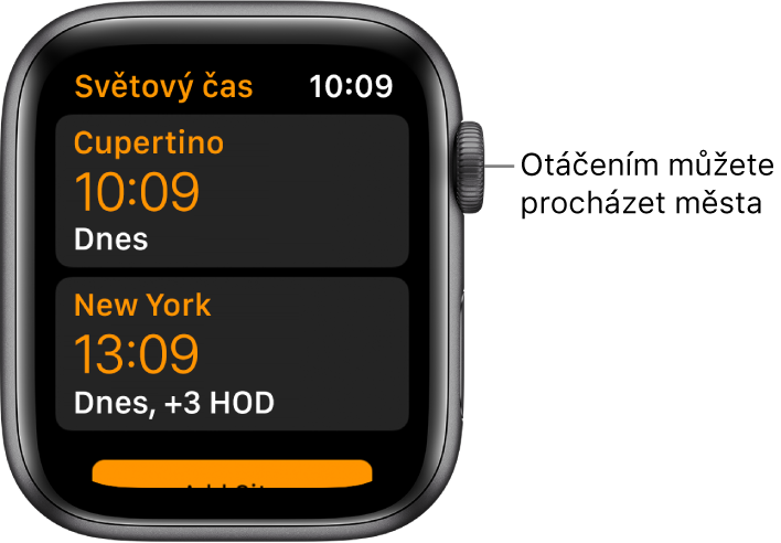 Aplikace Světový čas se seznamem měst a posuvníkem.