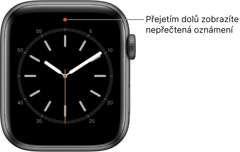 Na nepřečtená oznámení upozorňuje červená tečka uprostřed horní části ciferníku.