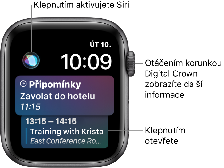 Ciferník Siri se zobrazenou připomínkou a událostí z kalendáře. Vlevo nahoře na displeji se nachází tlačítko Siri. Vpravo nahoře je zobrazeno datum a čas.