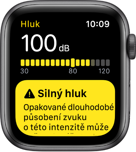Aplikace Hluk zobrazující hodnotu 100 dB. Pod ní je uvedeno varování před dlouhodobým působením zvuku na této hladině hlasitosti.