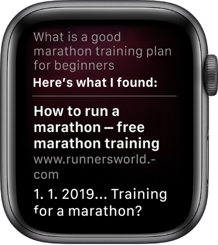 Siri zobrazuje odpověď z webu na otázku: „What is a good marathon training plan for beginners“