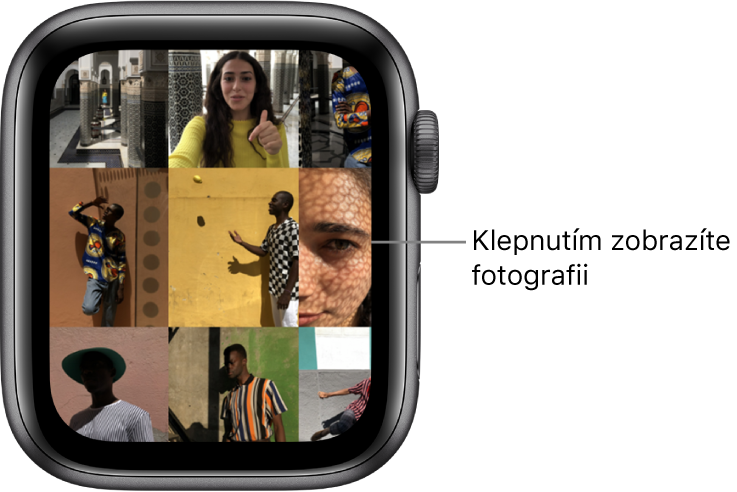 Hlavní obrazovka aplikace Fotky na hodinkách Apple Watch s několika fotkami zobrazenými v mřížce.
