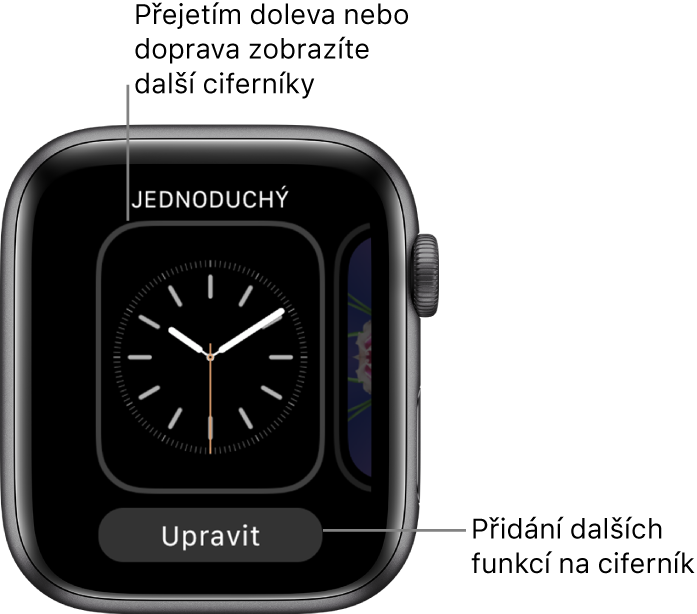 Po přitlačení na ciferník se pod aktuálním ciferníkem zobrazí tlačítko Upravit. Přejetím doleva nebo doprava zobrazíte další volby ciferníku. Chcete‑li na ciferník přidat funkce, které potřebujete, klepněte na Upravit.