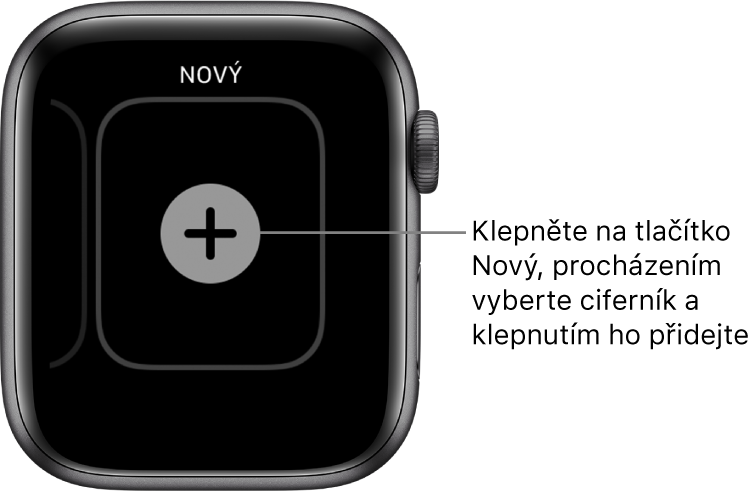 Obrazovka nového ciferníku s tlačítkem plus uprostřed. Klepnutím na něj přidáte nový ciferník.