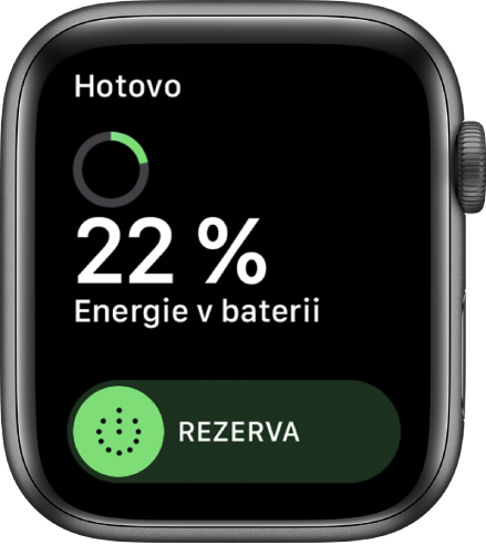 Obrazovka Rezerva s tlačítkem Hotovo vlevo nahoře, zbývajícími procenty energie v baterii a jezdcem Rezerva