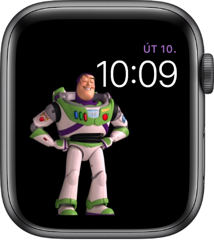 Ciferník Toy Story zobrazující den, datum a čas vpravo nahoře a animovanou postavičku Buzze Rakeťáka vlevo uprostřed obrazovky