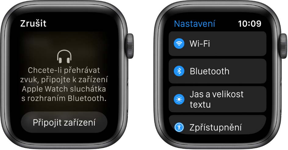 Pokud přepnete zdroj zvuku na hodinky Apple Watch, aniž byste s nimi předtím spárovali reproduktory nebo sluchátka s rozhraním Bluetooth, objeví se poblíž spodního okraje displeje tlačítko Připojit zařízení, které na hodinkách Apple Watch otevře nastavení Bluetooth. Zde můžete přidat poslechové zařízení.