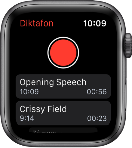 Obrazovka Diktafon na Apple Watch. U horního okraje je umístěné červené tlačítko Záznam. Pod ním se zobrazují dvě pořízené nahrávky. U obou je uvedený čas vytvoření a délka.