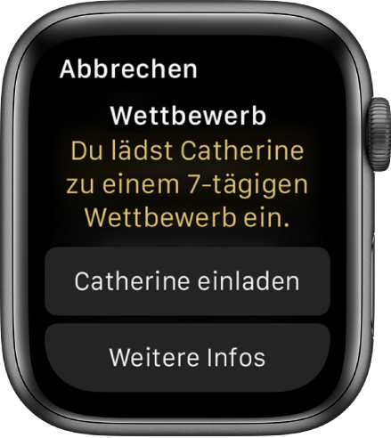 Der Bildschirm „Wettbewerb“ mit den Wörtern „Wettbewerb: Lade Katrin zu einem 7-tägigen Wettbewerb ein:“ Darunter werden zwei Tasten angezeigt. Auf der ersten steht „Katrin einladen“ und auf der zweiten „Weitere Informationen“.