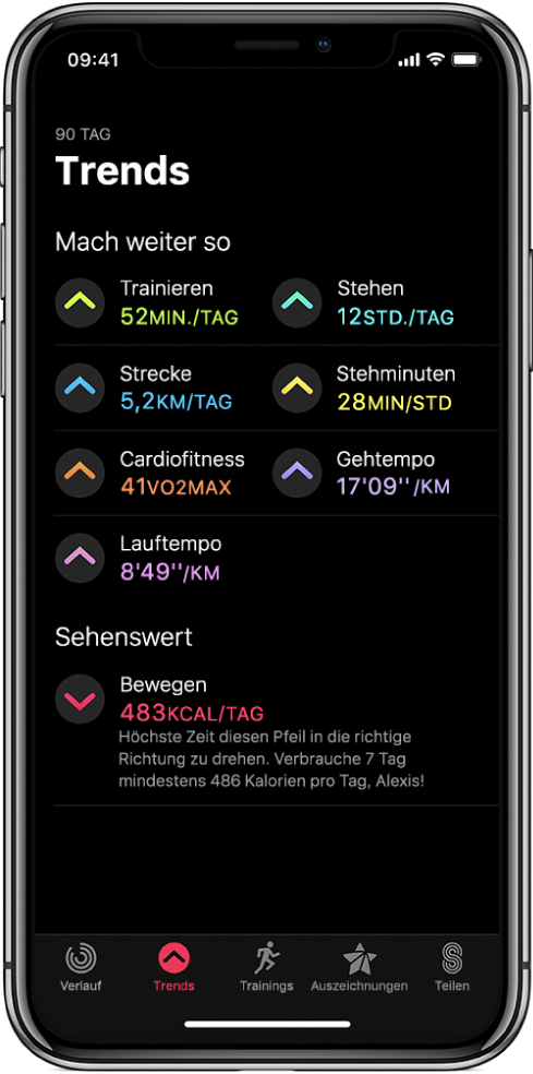 Der Tab „Trends“ in der App „Aktivität“ auf dem iPhone. Unter der Überschrift „Trends“ wird oben auf dem Display eine Reihe von Messwerten angezeigt. Zu den Messwerten gehören unter anderem „Trainieren“, „Stehen“ und „Strecke“. Unter der Überschrift „Sehenswert“ wird „Bewegen“ angezeigt.