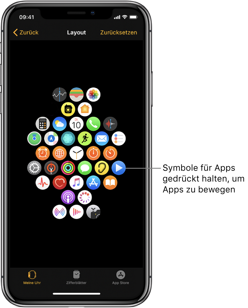 Der Bildschirm „Layout“ der App „Apple Watch“ mit in einem Raster angeordneten Apps. Die Legende zu einer App lautet sinngemäß etwa wie folgt: „Lege den Finger auf und ziehe den Finger, um Apps an andere Positionen zu bewegen.“